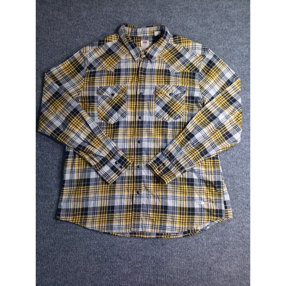 Levi's Standard Fit Plaid Flannel Shirt Men's XL Yellow Black Snap Front Western